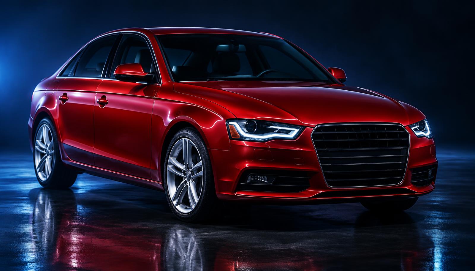 A red Audi A4 sedan in a dark studio